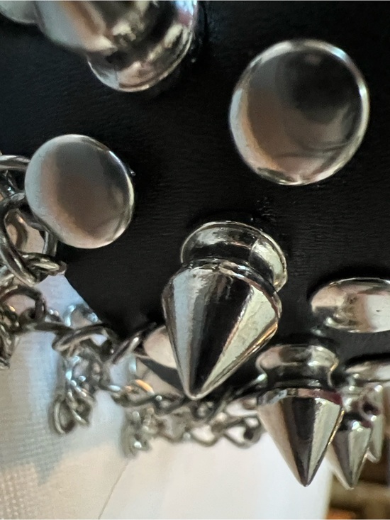 Source Unknown Jewelry - Black Studded Wristbands Fingerless Moto Gloves and Chained Spiked Dog Collar